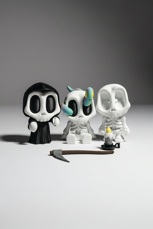 Spooky Skeletons & Reaper Trio - Articulated Halloween Decor, Hand-Painted Grim Reaper & Skeleton Set, Spooky skeleton decor, Grim reaper figurine, 3D printed Halloween, Dark academia shelf decor, Halloween tier tray decor, Hand painted skeleton, Cute reaper doll, Autumn centerpiece toy, Dark carnival aesthetic, Gothic shelf display, Three 3D printed miniature skeleton figures, #ThePaganPrints #SpookyDecor #GothAesthetic #DarkAcademiaHome #HalloweenMiniatures #HandPainted3DPrint #PLAmatte #GrimReaperArt