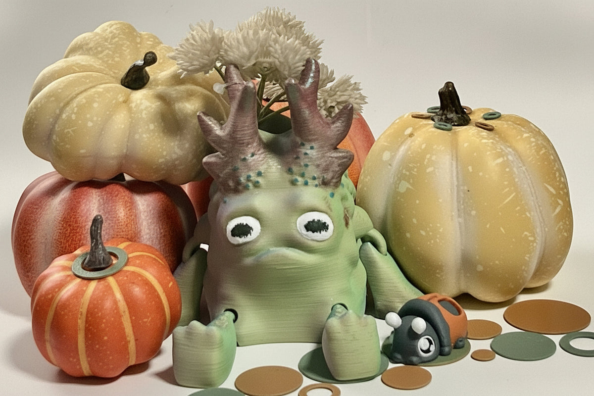 artisan-painted-moss-golem-planter, unique, cottagecore, collectables, Autumn Moss Golem, Articulated Golem planter, Layers in Green, Woodland guardian desk toy, Articulated forest monster, 3D printed desk companion, Moss monster pen holder, Cottagecore room decor, Dark academia desk accessories, Goblincore aesthetic decor, Mystical forest sculpture, Whimsical woodland gifts, Cozy cabin shelf styling, Fall harvest tabletop display, Grumpy pumpkin patch companion, Cute Halloween monster decor, Autumn