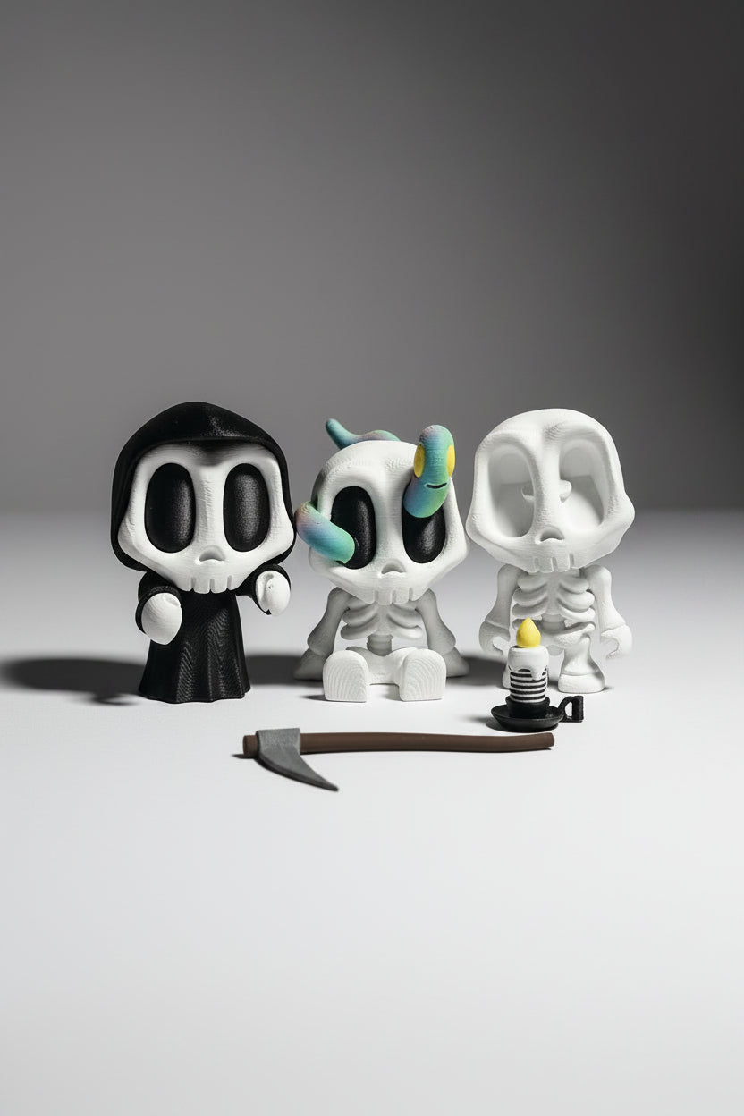 Spooky Skeletons & Reaper Trio - Articulated Halloween Decor, Hand-Painted Grim Reaper & Skeleton Set, Spooky skeleton decor, Grim reaper figurine, 3D printed Halloween, Dark academia shelf decor, Halloween tier tray decor, Hand painted skeleton, Cute reaper doll, Autumn centerpiece toy, Dark carnival aesthetic, Gothic shelf display, Three 3D printed miniature skeleton figures, #ThePaganPrints #SpookyDecor #GothAesthetic #DarkAcademiaHome #HalloweenMiniatures #HandPainted3DPrint #PLAmatte #GrimReaperArt 
