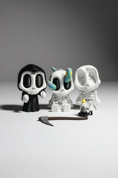 Spooky Skeletons & Reaper Trio - Articulated Halloween Decor, Hand-Painted Grim Reaper & Skeleton Set, Spooky skeleton decor, Grim reaper figurine, 3D printed Halloween, Dark academia shelf decor, Halloween tier tray decor, Hand painted skeleton, Cute reaper doll, Autumn centerpiece toy, Dark carnival aesthetic, Gothic shelf display, Three 3D printed miniature skeleton figures, #ThePaganPrints #SpookyDecor #GothAesthetic #DarkAcademiaHome #HalloweenMiniatures #HandPainted3DPrint #PLAmatte #GrimReaperArt 