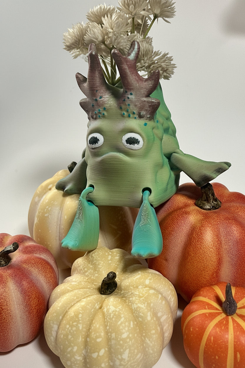 artisan-painted-moss-golem-planter, unique, cottagecore, collectables, Autumn Moss Golem, Articulated Golem planter, Layers in Green, Woodland guardian desk toy, Articulated forest monster, 3D printed desk companion, Moss monster pen holder, Cottagecore room decor, Dark academia desk accessories, Goblincore aesthetic decor, Mystical forest sculpture, Whimsical woodland gifts, Cozy cabin shelf styling, Fall harvest tabletop display, Grumpy pumpkin patch companion, Cute Halloween monster decor, Autumn